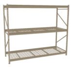 A large, beige metal storage rack with three wire mesh shelves is shown. It has an open frame design with vertical supports and crossbars for stability. The shelving unit is empty and positioned against a plain background.