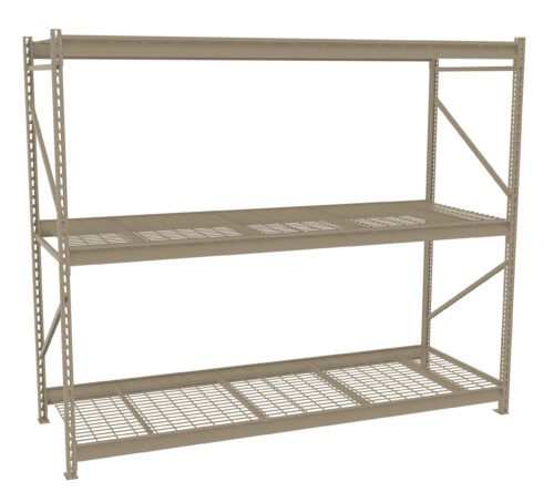 A large, beige metal storage rack with three wire mesh shelves is shown. It has an open frame design with vertical supports and crossbars for stability. The shelving unit is empty and positioned against a plain background.
