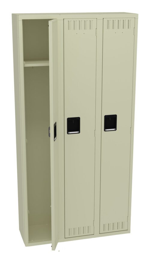A beige metal locker with two tall doors. One door is partially open, revealing an empty interior. Both doors have ventilation slits and black rectangular handles. The locker stands on a flat surface.