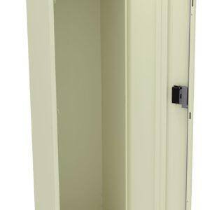 Open beige metal locker with one door, featuring a single shelf and a hanging rod inside. The locker is tall and rectangular, with a black locking mechanism on the door.