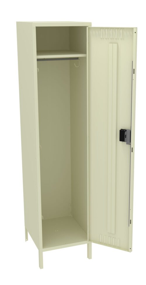 Open beige metal locker with one door, featuring a single shelf and a hanging rod inside. The locker is tall and rectangular, with a black locking mechanism on the door.
