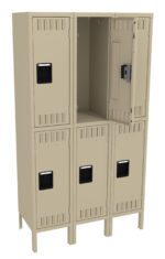 A beige six-compartment locker unit with black handles. The top right locker door is open, showing the interior. The lockers have ventilation slits near the top and bottom of each door. The unit stands on small legs.