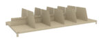 A beige metal shelf with seven slotted dividers evenly spaced along its length. The dividers are vertically positioned and have a perforated design. The shelf has a simple, industrial look.