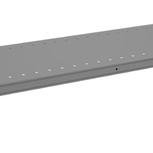 Image of a long, rectangular metal shelf with holes along the surface. It is gray and appears to be designed for industrial or warehouse use, with brackets on either end for attachment.
