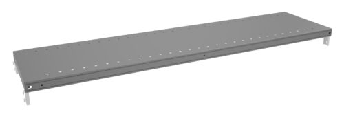 sm8iw8ufp6litwqhsfc4.jpg Image of a long, rectangular metal shelf with holes along the surface. It is gray and appears to be designed for industrial or warehouse use, with brackets on either end for attachment.