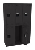 A black metal locker unit with two rows, each containing three compartments. The bottom right door is open, revealing an empty interior. Each door has a handle, and the locker has a sturdy, industrial design.
