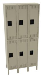 A beige metal locker unit with six compartments arranged in two rows of three. Each locker door has vents for ventilation and a black handle for opening. The unit is standing on a set of legs.