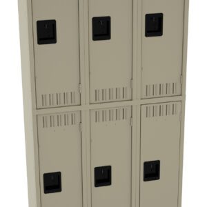 A beige metal locker unit with six compartments arranged in two rows of three. Each locker door has vents for ventilation and a black handle for opening. The unit is standing on a set of legs.