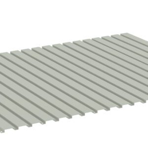 Illustration of a light gray, rectangular, slatted panel with vertical grooves running parallel across its surface, viewed at an angle.