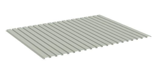 Illustration of a light gray, rectangular, slatted panel with vertical grooves running parallel across its surface, viewed at an angle.