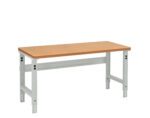 A sturdy workbench with a wooden top and metal legs. The legs are painted gray and have adjustable height holes, and there is a metal crossbar for support below the tabletop. The workbench is set against a plain, white background.