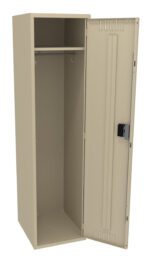 A tall, beige metal locker with a single open door. Inside, theres an empty compartment with a hanging rod at the top. The locker has a lock mechanism on the door.