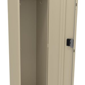 A tall, beige metal locker with a single open door. Inside, theres an empty compartment with a hanging rod at the top. The locker has a lock mechanism on the door.
