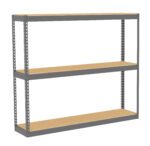 A three-tier industrial metal shelf with light brown wooden boards on each level. The sturdy frame is gray, with perforated supports for adjusting shelf heights. The shelf is empty and placed against a white background.