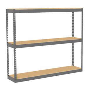 A three-tier industrial metal shelf with light brown wooden boards on each level. The sturdy frame is gray, with perforated supports for adjusting shelf heights. The shelf is empty and placed against a white background.