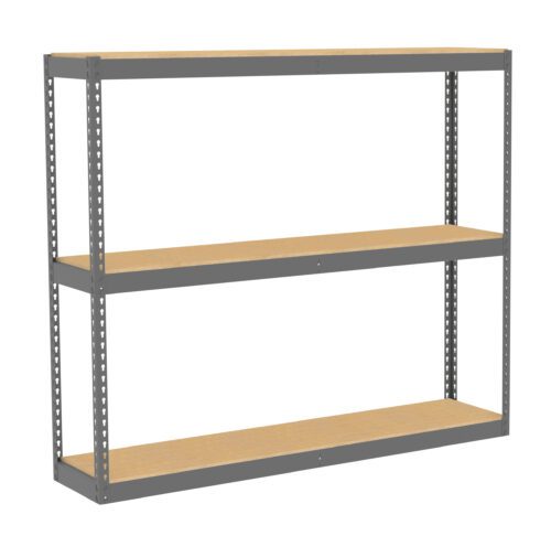 A three-tier industrial metal shelf with light brown wooden boards on each level. The sturdy frame is gray, with perforated supports for adjusting shelf heights. The shelf is empty and placed against a white background.