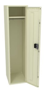 An open beige metal locker with a single door, showing an empty interior. Inside, there is a clothing rod near the top for hanging items. The locker has a small vent on the door and a lock mechanism visible on the front.