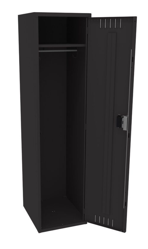 sns6wbza5zc97hpq64if.jpg Black metal locker with one door open, revealing an empty interior. Inside, theres a horizontal rod for hanging items. The exterior features a lock mechanism on the door. The locker stands on a flat surface.