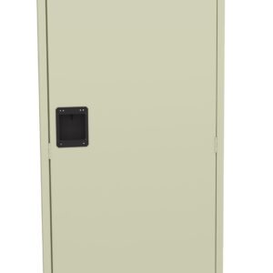 A light beige metal locker with a vertical rectangular shape. It has a small black handle on the left side and ventilation slits at the top and bottom. The locker is closed and is standing upright.