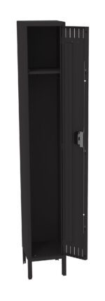 A tall, black metal locker with a single open door, revealing an empty interior with a shelving area at the top and a hanging bar for clothing. The locker has a lock mechanism on the door.