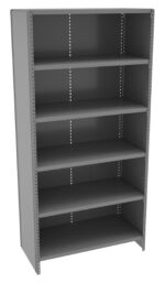 A tall, gray metal shelving unit with five evenly spaced shelves, empty and ready for storage. The sides have perforated holes for adjustable shelf heights, and it stands upright against a white background.