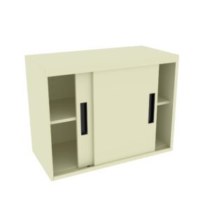 A cream-colored cabinet with two sliding doors and black handles. One door is partially open, revealing shelf space on both sides. The cabinet has a simple, modern design.