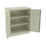 A beige metal cabinet with two open doors revealing three interior shelves. The cabinet is unadorned and has a simple, industrial design.