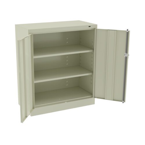 sobxiiplgmjlq2xuyfce.jpg A beige metal cabinet with two open doors revealing three interior shelves. The cabinet is unadorned and has a simple, industrial design.