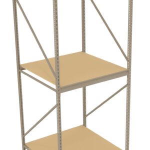 A metal shelving unit with three beige shelves. The frame is gray and has a simple, open design, featuring support bars on both sides. The unit is empty, standing against a neutral background.