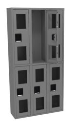 Gray metal locker unit with a total of six compartments arranged in two columns. Each compartment has a windowed door, and the top right door is open, showing the interior space.