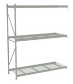 Industrial metal shelving unit with three spacious wire-mesh shelves. The sturdy frame includes vertical and horizontal supports. The structure is designed for heavy-duty storage, and its minimalist design is suitable for warehouses or garages.