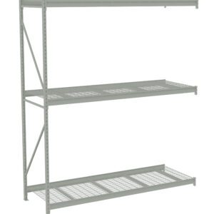 Industrial metal shelving unit with three spacious wire-mesh shelves. The sturdy frame includes vertical and horizontal supports. The structure is designed for heavy-duty storage, and its minimalist design is suitable for warehouses or garages.