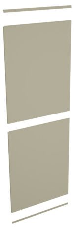 An exploded view of a simple rectangular panel structure, consisting of two large beige panels stacked vertically with small connecting strips at the top, middle, and bottom. The pieces are arranged as if for assembly.