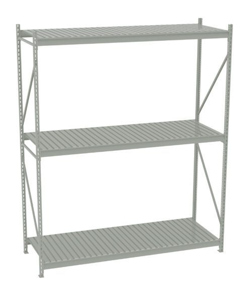 A gray metal shelving unit with three tiers. It features slatted shelves and crisscross support bars on the sides for stability. The design is industrial and simplistic, suitable for storage in a garage or workshop setting.