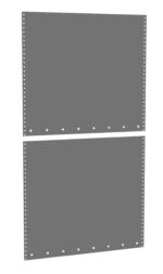 Two blank sheets of continuous dot matrix printer paper with perforated edges, positioned vertically. The paper is a light gray color with evenly spaced holes on either side for feeding through a printer.