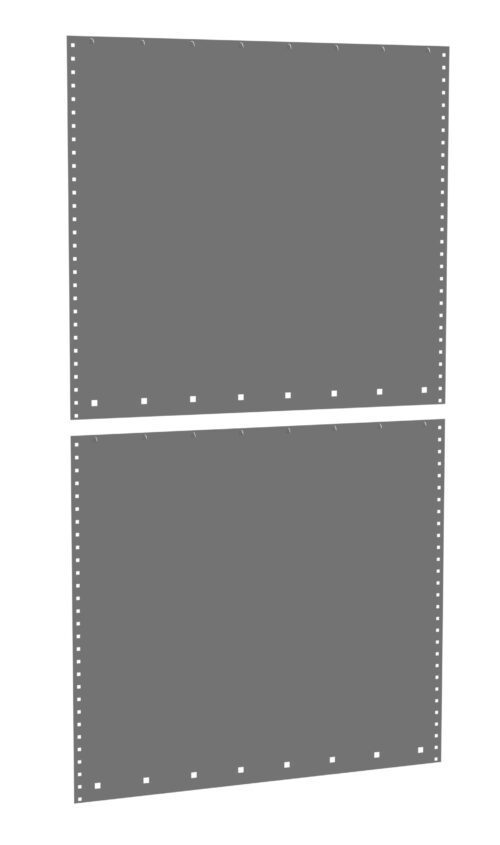 Two blank sheets of continuous dot matrix printer paper with perforated edges, positioned vertically. The paper is a light gray color with evenly spaced holes on either side for feeding through a printer.