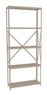 A tall, beige metal shelving unit with five empty shelves and a crisscross support on the back. The frame is perforated with holes for adjustable shelving options.