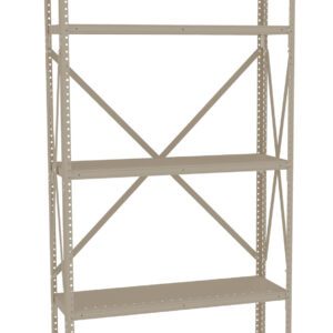 A tall, beige metal shelving unit with five empty shelves and a crisscross support on the back. The frame is perforated with holes for adjustable shelving options.