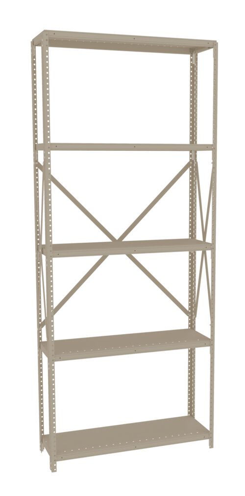 A tall, beige metal shelving unit with five empty shelves and a crisscross support on the back. The frame is perforated with holes for adjustable shelving options.