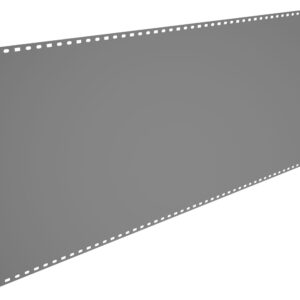 A large, angled sheet of gray material with uniformly spaced rectangular perforations along its top and bottom edges, set against a plain white background.