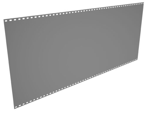 A large, angled sheet of gray material with uniformly spaced rectangular perforations along its top and bottom edges, set against a plain white background.