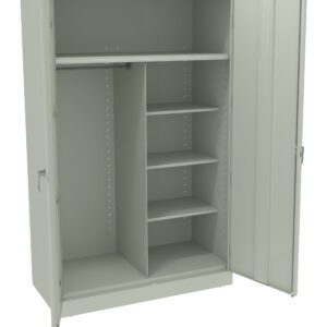 A beige, metal storage cabinet with two open doors revealing a vertical divider. The left side has a clothing rod, while the right features adjustable shelves. The cabinet stands on a flat base and has handles on each door.