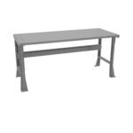 A long gray metal workbench with a flat rectangular top and sturdy, adjustable legs. The design is simple and industrial, featuring a support beam across its length for added stability.