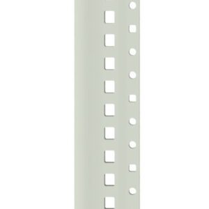 A light gray, vertical metal rail with evenly spaced rectangular cutouts along its length, set against a white background.