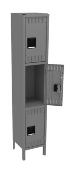 A tall gray metal locker with three compartments is shown. The middle locker door is open, revealing an empty interior. The top and bottom lockers remain closed. The locker stands on four legs.