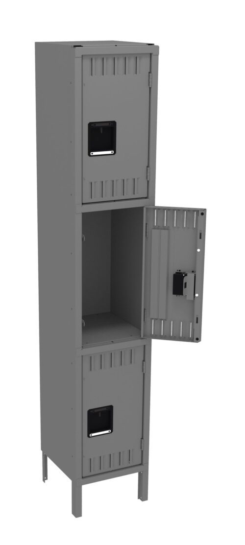 A tall gray metal locker with three compartments is shown. The middle locker door is open, revealing an empty interior. The top and bottom lockers remain closed. The locker stands on four legs.