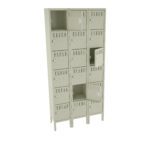 A tall beige locker unit with multiple small compartments, each with a vented door. Two of the doors are open, revealing empty interior spaces. The locker stands on a white background.