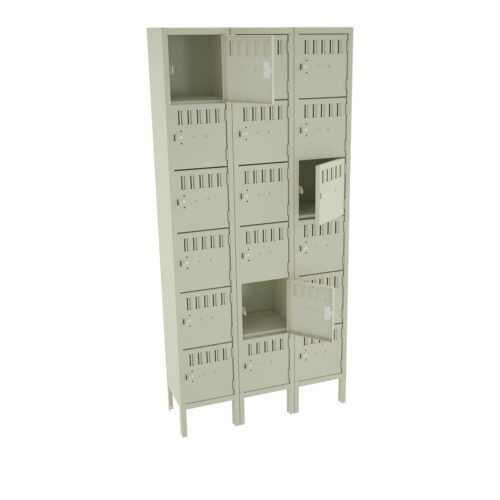 sqrbwjdbcprpjk79bkrp.jpg A tall beige locker unit with multiple small compartments, each with a vented door. Two of the doors are open, revealing empty interior spaces. The locker stands on a white background.