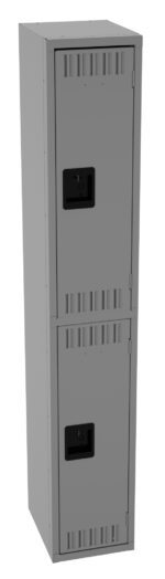 A tall, gray, metal locker with two compartments. Each compartment has a black handle and ventilation slits. The locker is standing upright, with a simple, industrial design.