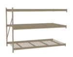 A metal shelving unit with three tiers, featuring a beige color. The shelves are spacious and constructed with a grid design on the top and bottom rows, offering a sturdy storage solution.